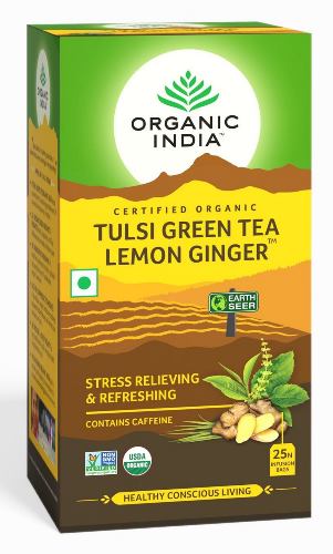 Тулси зелёный чай лимон и имбирь, антистресс и свежесть, Органик Индия (TULSI GREEN TEA LEMON GINGER) Organic India 25 пак